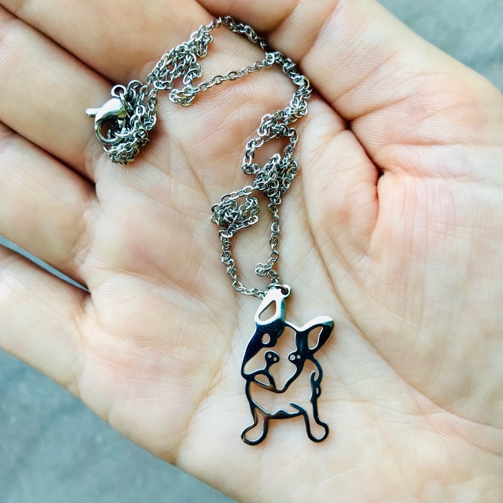 French Bulldog Frenchie Necklace Silver 18”